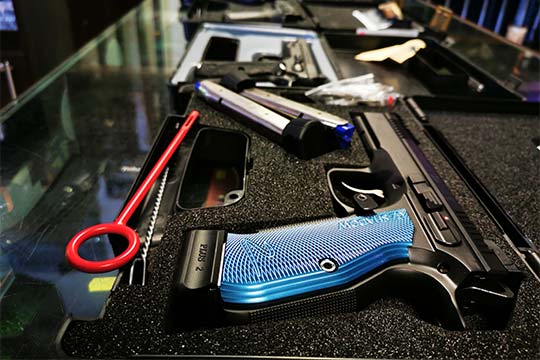Handguns and training equipment laid out